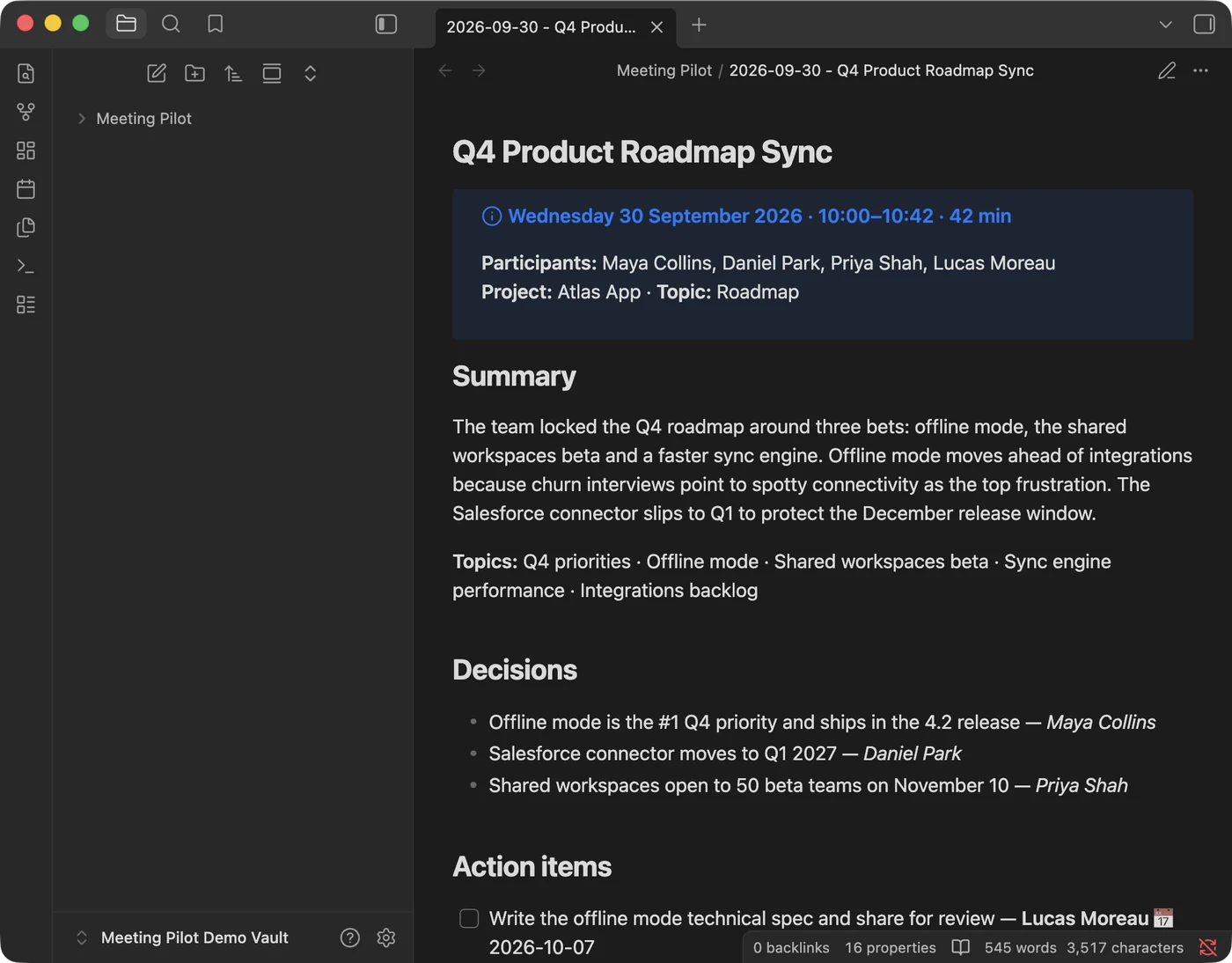 A meeting note in Obsidian with date, participants, project, summary and decisions